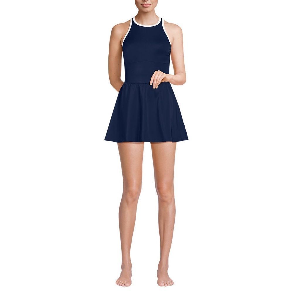 Lands' End Navy Blue One-Piece Swim Dress with White Trim - Picture 3 of 9